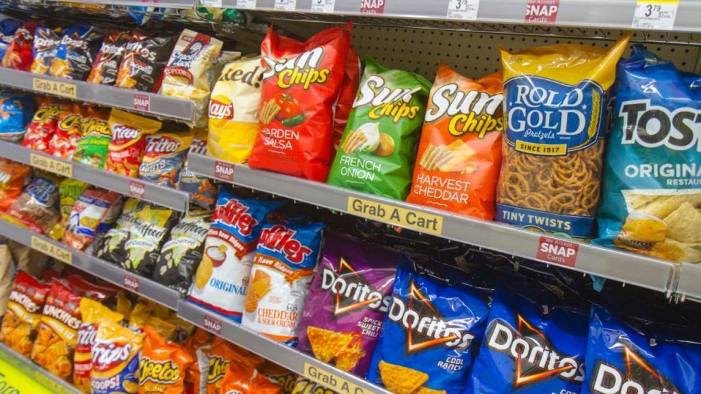 Chips on convenience store shelf